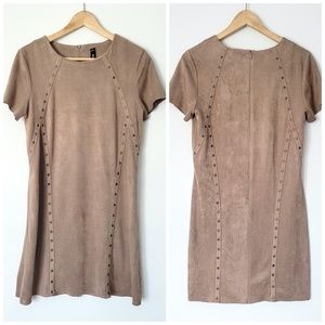 Lord & Taylor Western Shift Dress‎ Faux Suede Tan Gold Studs Short Sleeve Small